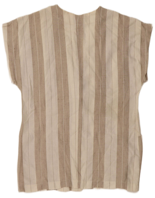 Vintage Damen Kurzarm-Hemdbluse UK 14 Medium Beige Gestreiftes Leinen