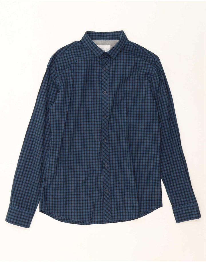 JACK & JONES Mens Slim Fit Shirt Medium Navy Blue Check Cotton