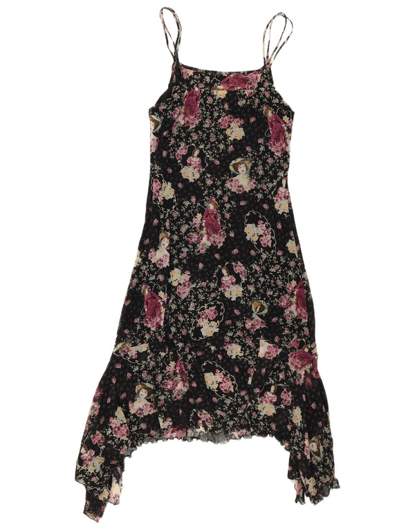Vintage Damen Ärmelloses asymmetrisches Kleid UK 8 Small Black Floral
