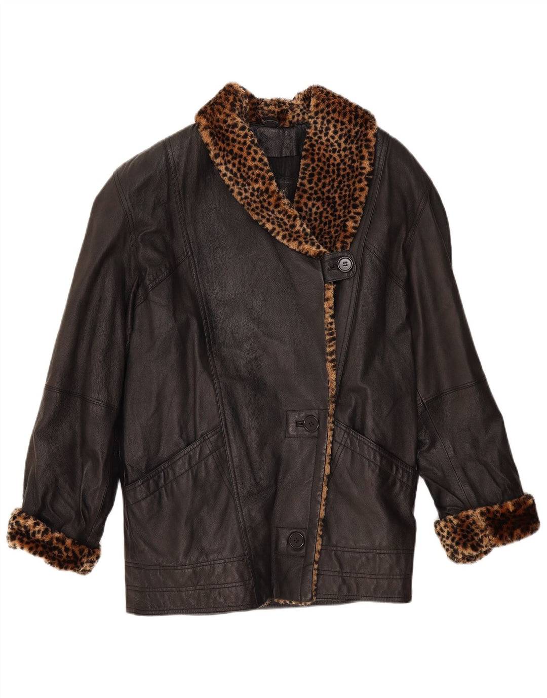 VINTAGE Damen Übergroßer Ledermantel UK 10 Kleiner schwarzer Tierdruck