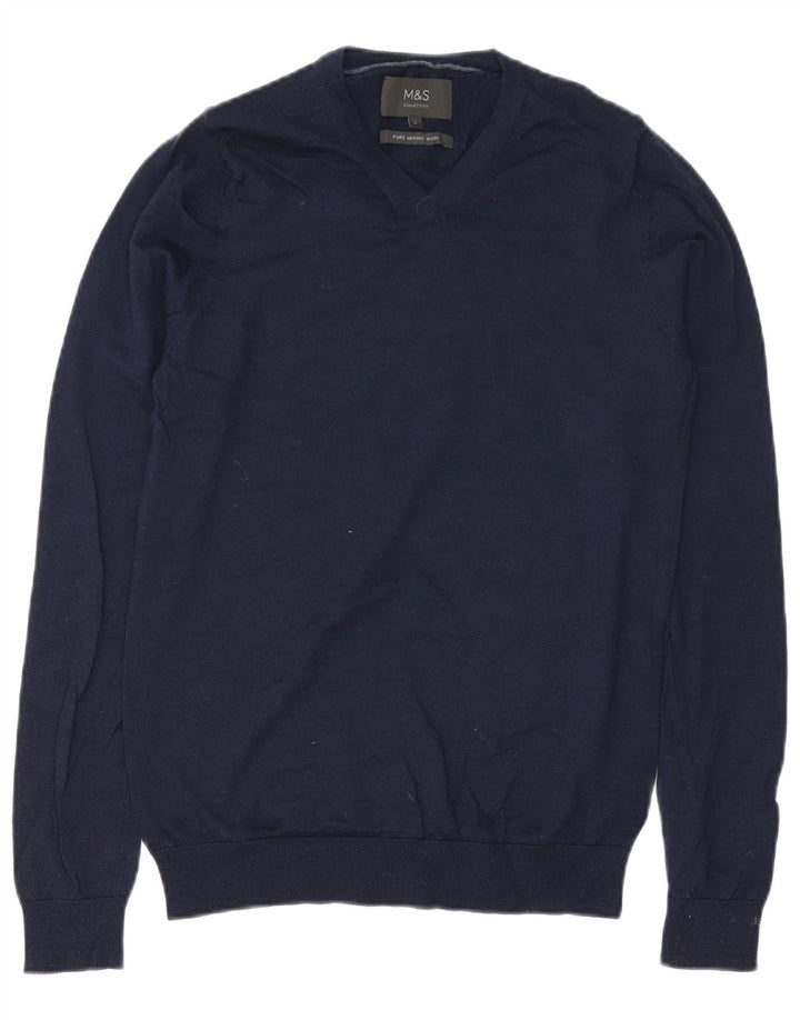 Marks & Spencer Herren-Pullover mit V-Ausschnitt, Größe S, marineblaue Merinowolle