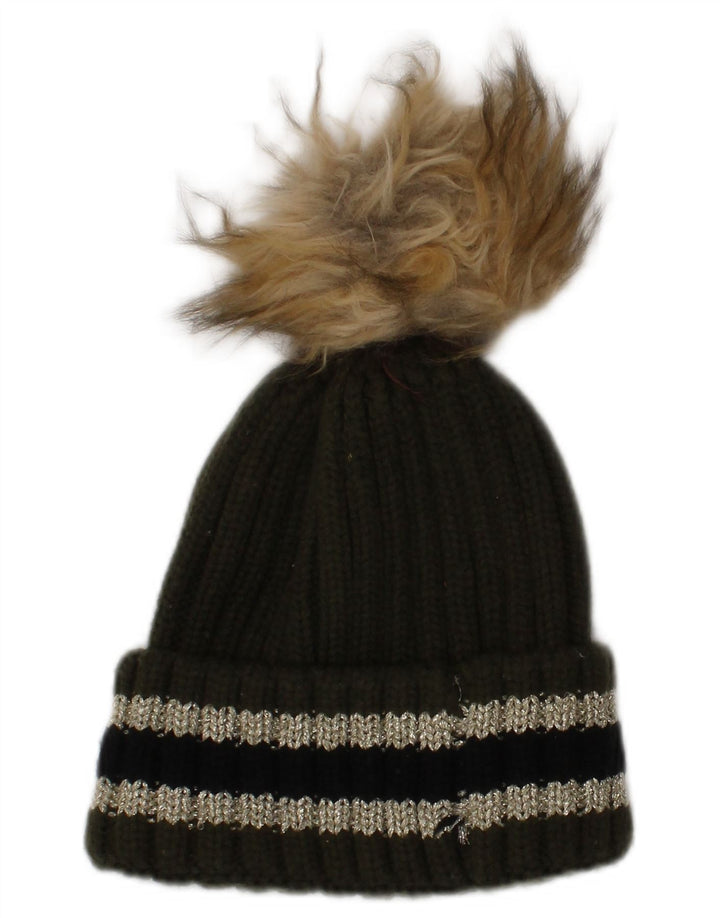 Superdry Damen Strickmütze mit Bommel, Einheitsgröße, Khaki, gestreift, Winter