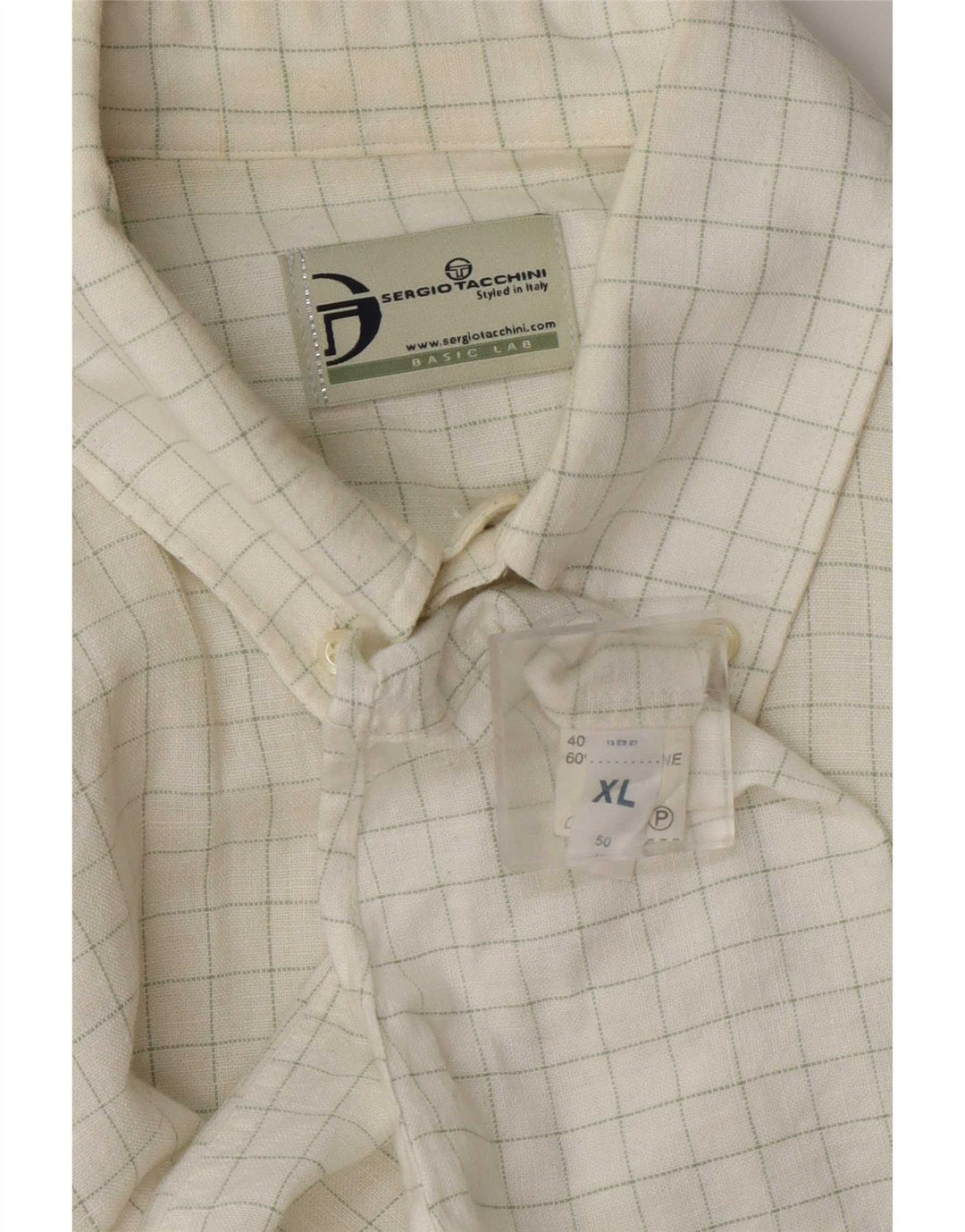 Sergio Tacchini Herrenhemd XL weiß kariertes Leinen