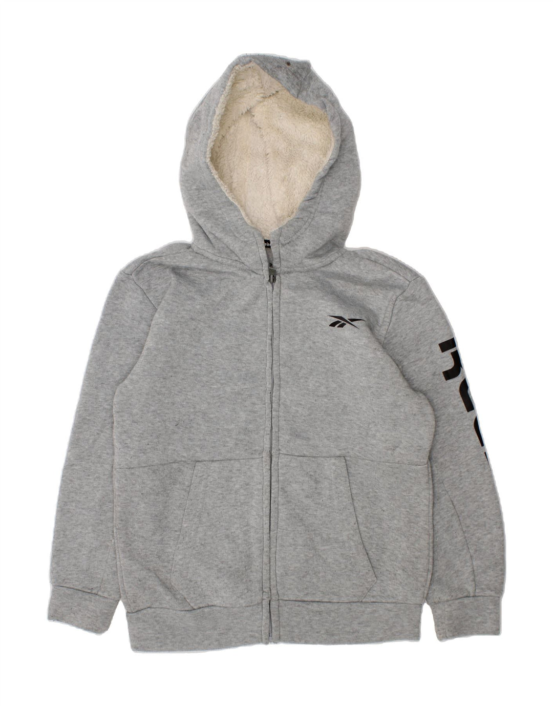 REEBOK Boys Graphic Zip Hoodie Sweater 7-8 Years Grey Polyester Vintage Reebok and Second-Hand Reebok from Messina Hembry 