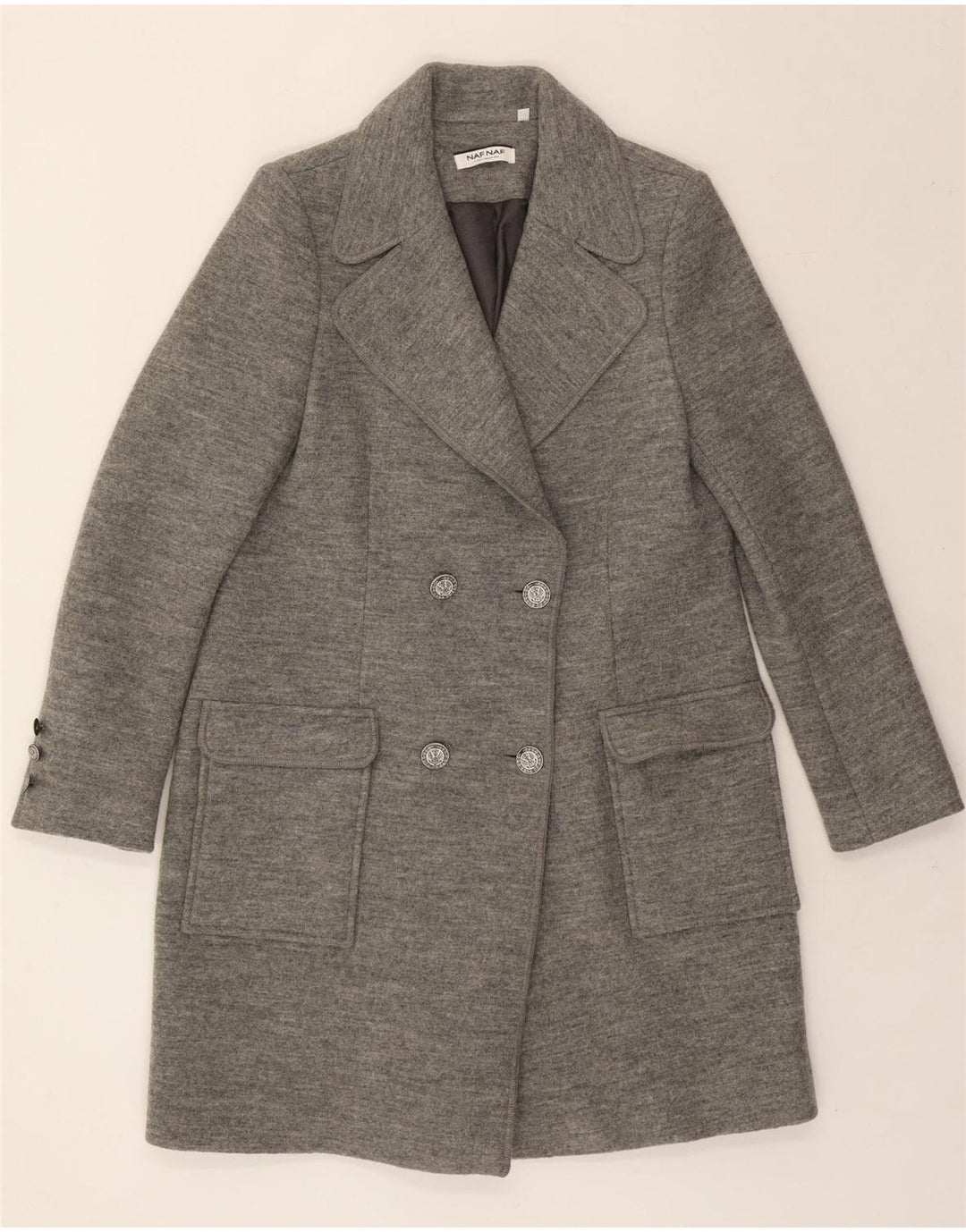 NAF NAF Womens Double Breasted Overcoat EU 40 Medium Grey Wool Vintage Naf Naf and Second-Hand Naf Naf from Messina Hembry 