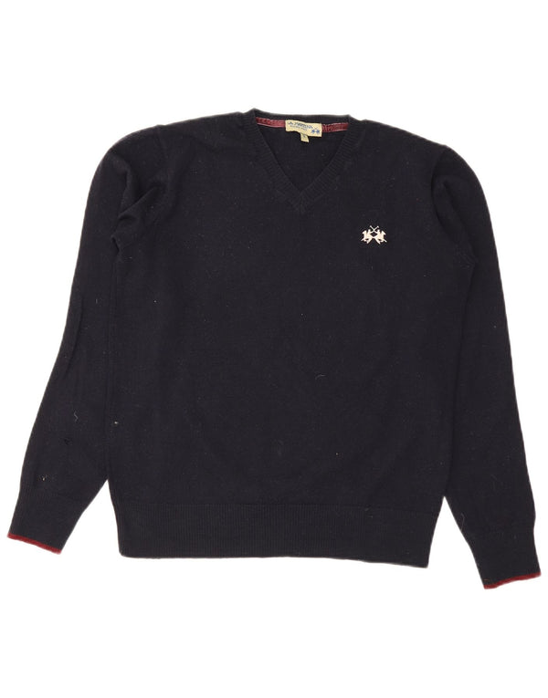 La Martina Damen-Pullover mit V-Ausschnitt, UK 10, Größe S, marineblaue Wolle