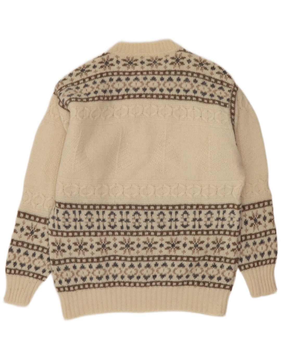 Benetton Herren-Pullover mit Rundhalsausschnitt, Größe S, cremefarbene Fair-Isle-Wolle