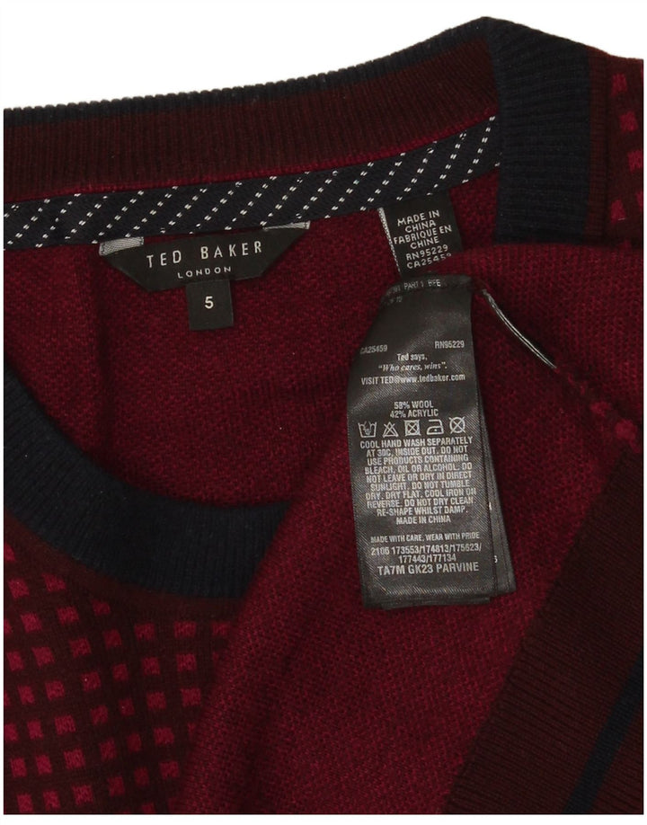 Ted Baker Herren-Pullover mit Rundhalsausschnitt, Größe 5 XL, bordeauxrot karierte Wolle