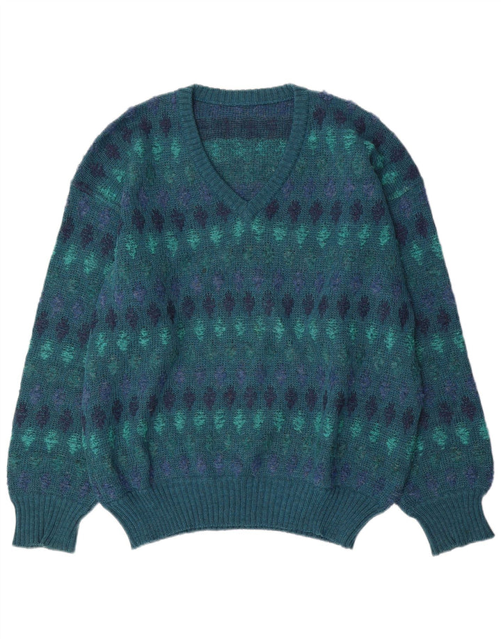 Vintage Herren Pullover mit V-Ausschnitt IT 54 XL Blau Fair Isle Wolle