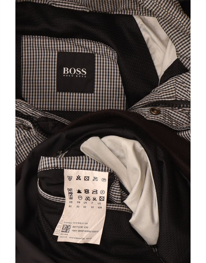 Hugo Boss Herren-Bomberjacke mit Kapuze, EU 50, großes schwarzes Gingham-Polyester