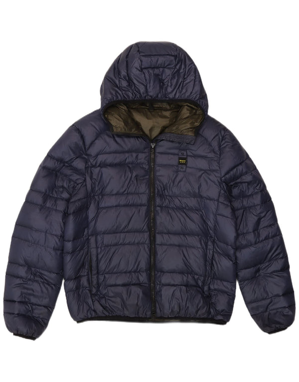 Blauer wattierte Herrenjacke mit Kapuze, UK 40, Größe L, marineblau, Polyamid
