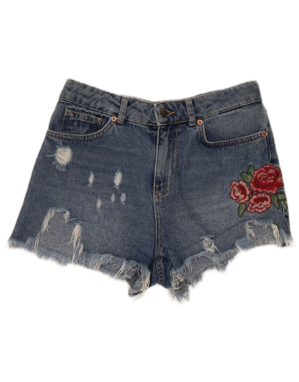 Benetton Damen-Jeansshorts mit Distressed-Grafik, W28, Mittelblau mit Blumenmuster