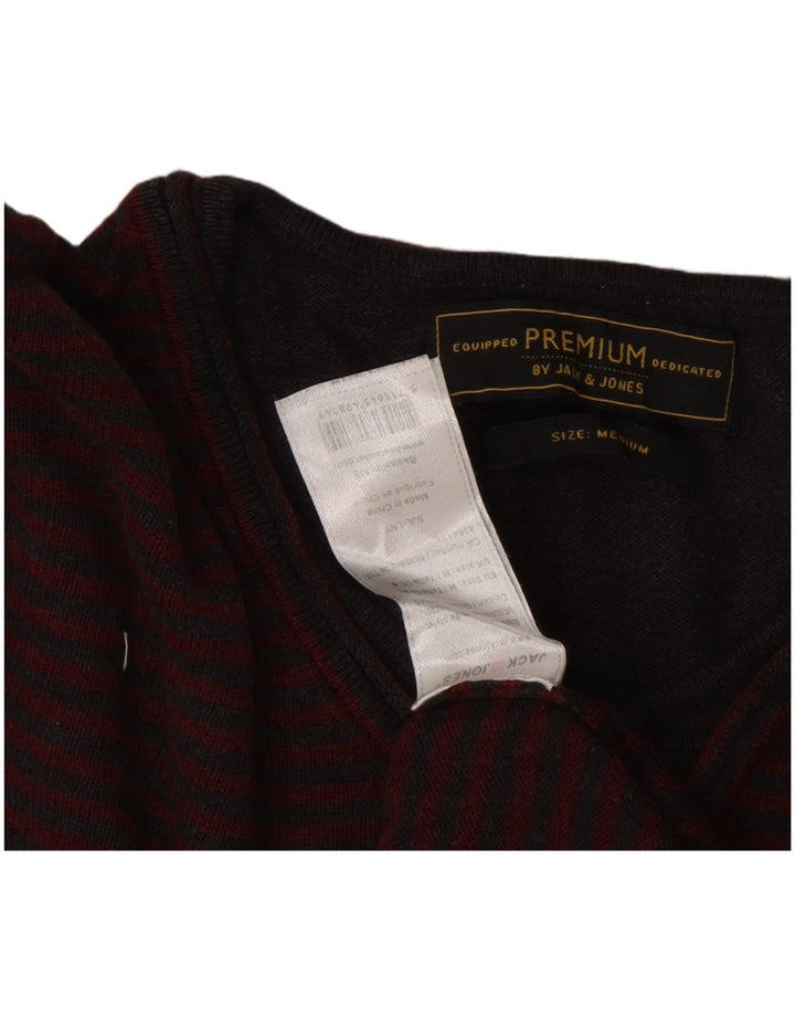 JACK & JONES Mens V-Neck Jumper Sweater Medium Burgundy Striped Viscose