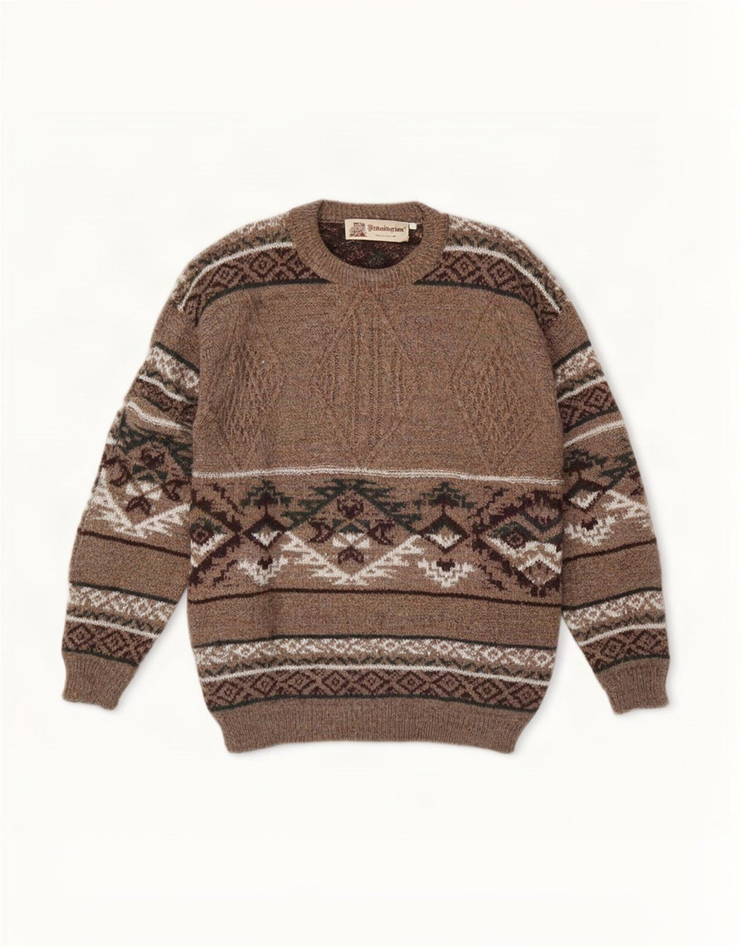 Kennington Herren-Pullover mit Rundhalsausschnitt, groß, braune Fair-Isle-Wolle