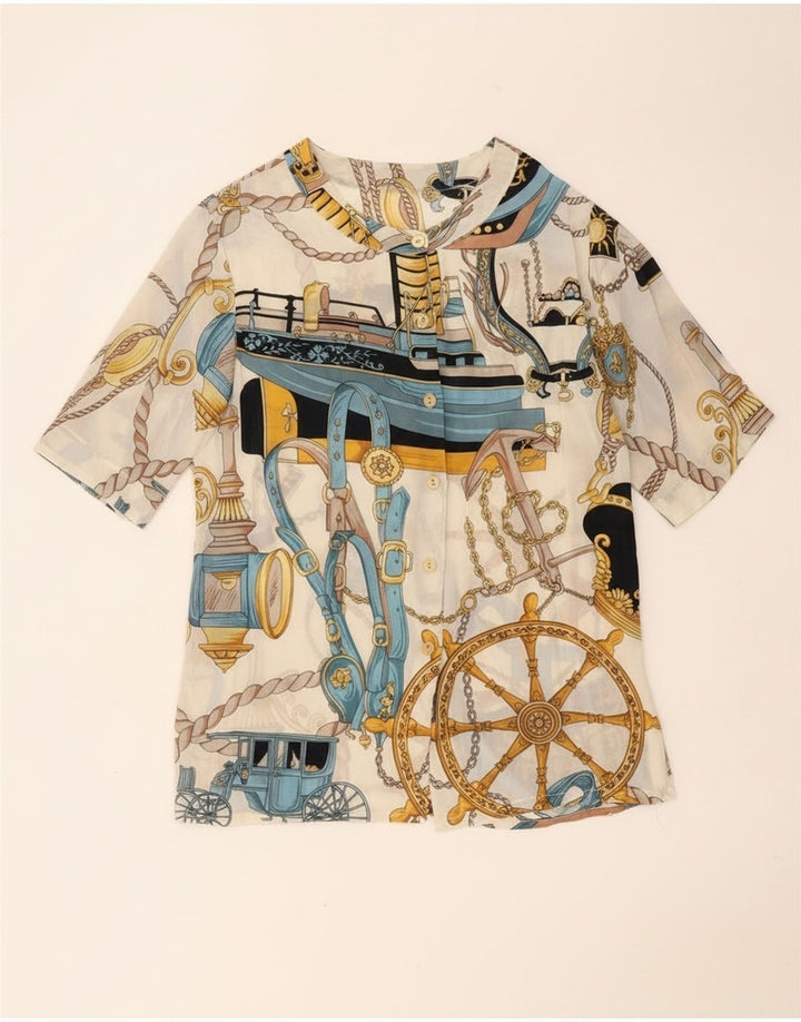 Vintage Damen abstraktes Muster Kurzarm-Hemdbluse UK 14 Large Weiß