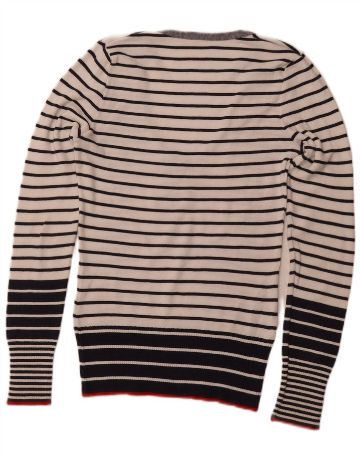 BENETTON Womens V-Neck Jumper Sweater UK 8 Small White Striped