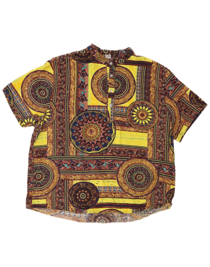 Vintage Herren Kurzarm-Pullover-Hemd aus mittelgelber, geometrischer Baumwolle