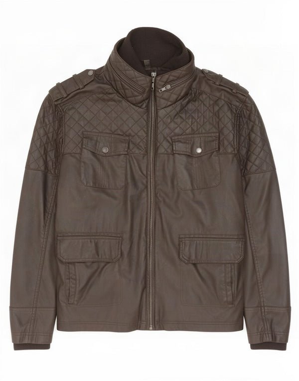 Jeff Banks Herren-Militärjacke aus Kunstleder, UK 44, 2XL, braunes Polyurethan