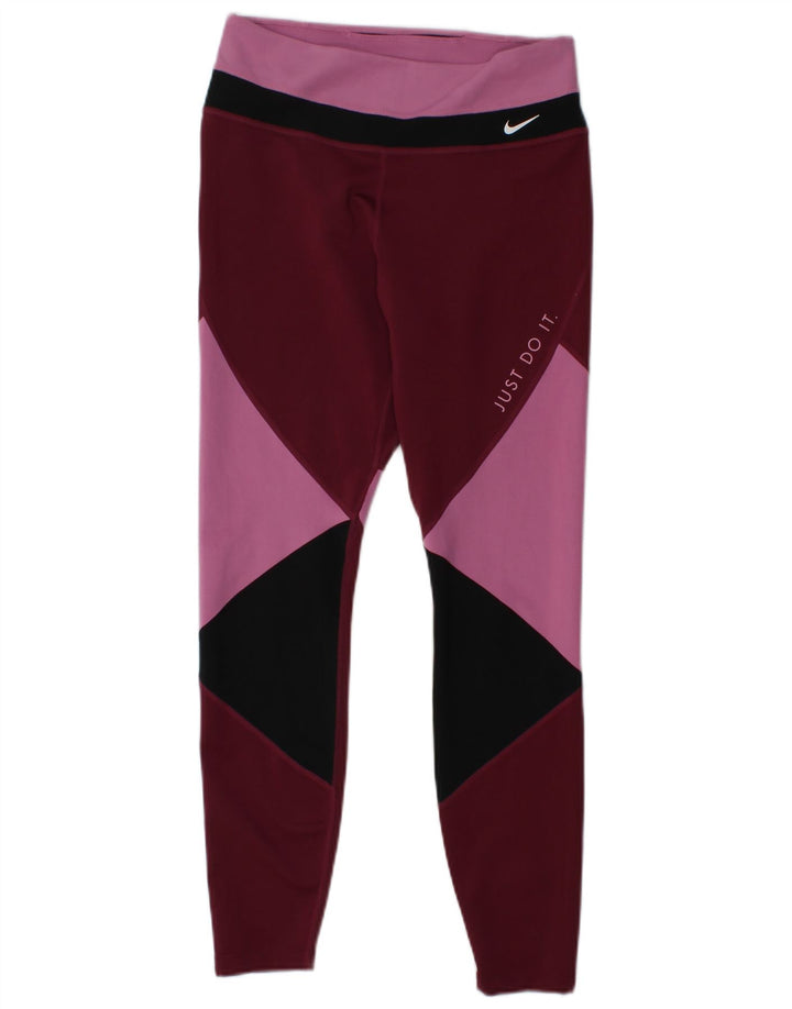 NIKE Damen Dri Fit Leggings UK 14 Mittleres Burgunderrotes Farbblock-Polyester