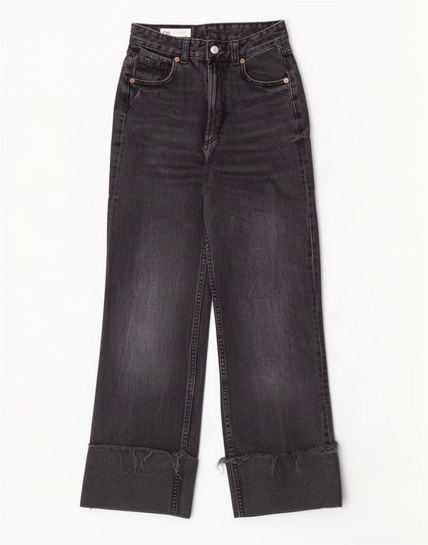 Zara Damen-Jeans mit hoher Taille und weitem Bein, EU 32, 2XS, W22, L28, schwarze Baumwolle