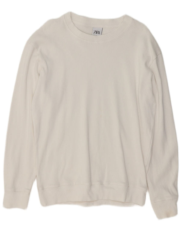 Zara Herren-Pullover mit U-Boot-Ausschnitt, groß, aus weißer Baumwolle