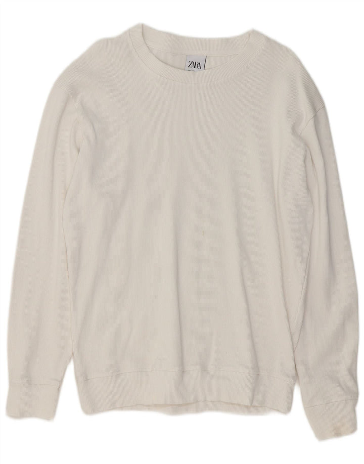 Zara Herren-Pullover mit U-Boot-Ausschnitt, groß, aus weißer Baumwolle