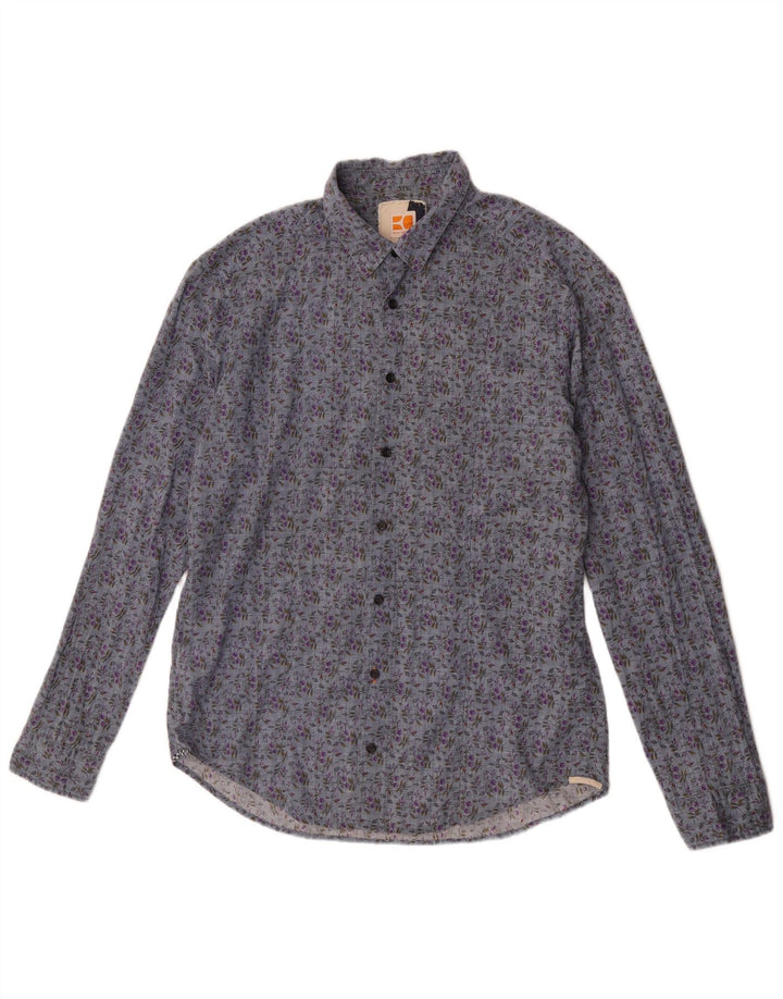 Hugo Boss Herrenhemd, groß, blau, geblümt, Baumwolle