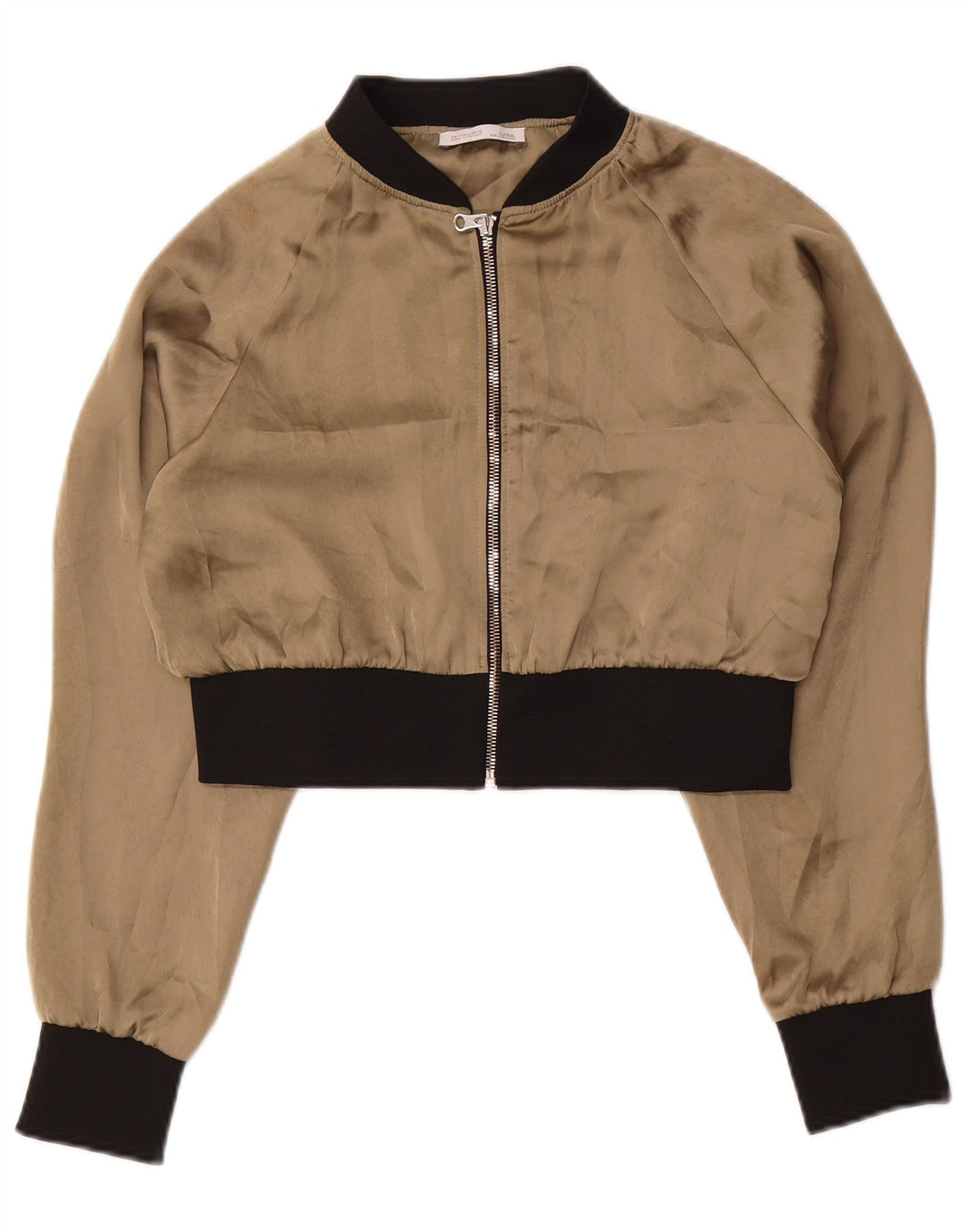 ZARA Damen Crop Bomberjacke UK 10 Small Beige Colourblock Polyester