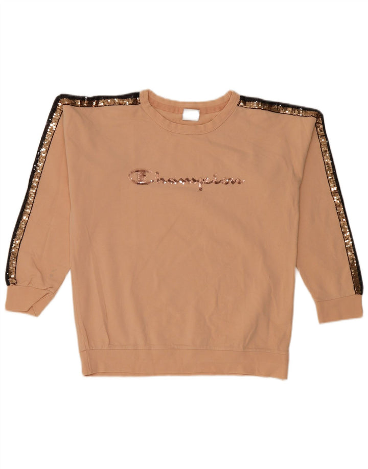 Champion Womens Graphic Sweatshirt Pullover UK 10 Small Beige Farbblock