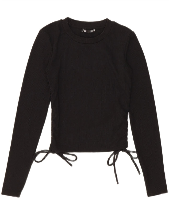Zara Damen Crop Top Langarm UK 8 Small Schwarz Polyester
