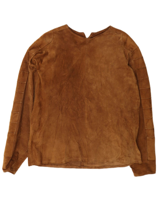 Vintage Damen Crop Langarm Wildleder Bluse Top UK 16 Large Braun