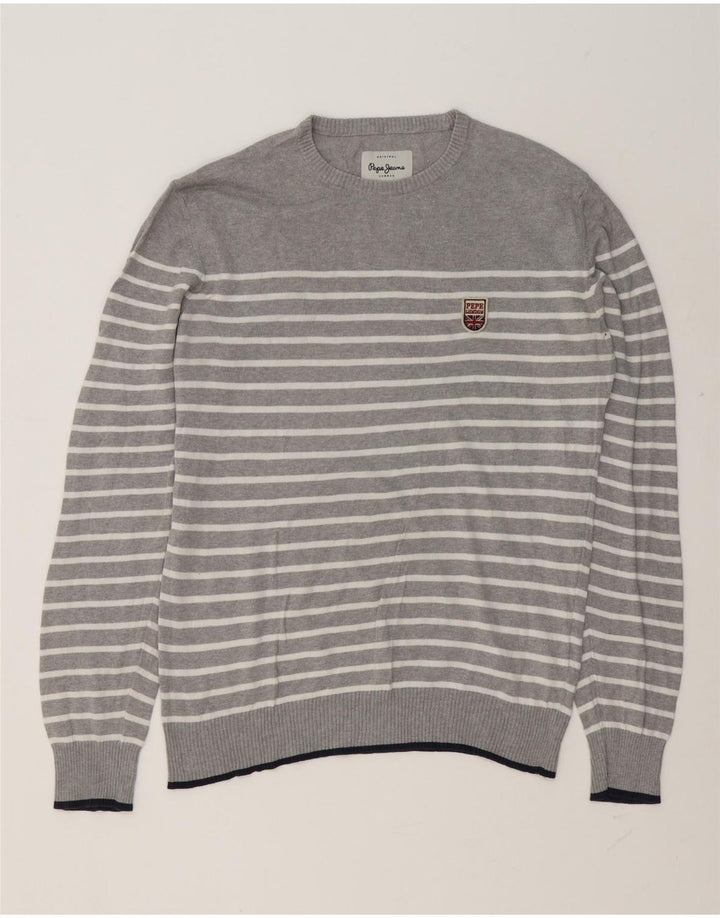 PEPE Jeans Herren-Pullover mit Rundhalsausschnitt, klein, grau gestreift