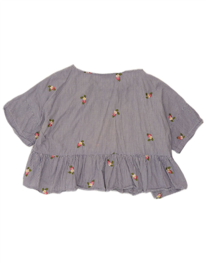 ZARA Damen Crop Bluse Top UK 14 Mittelblauer Nadelstreifen