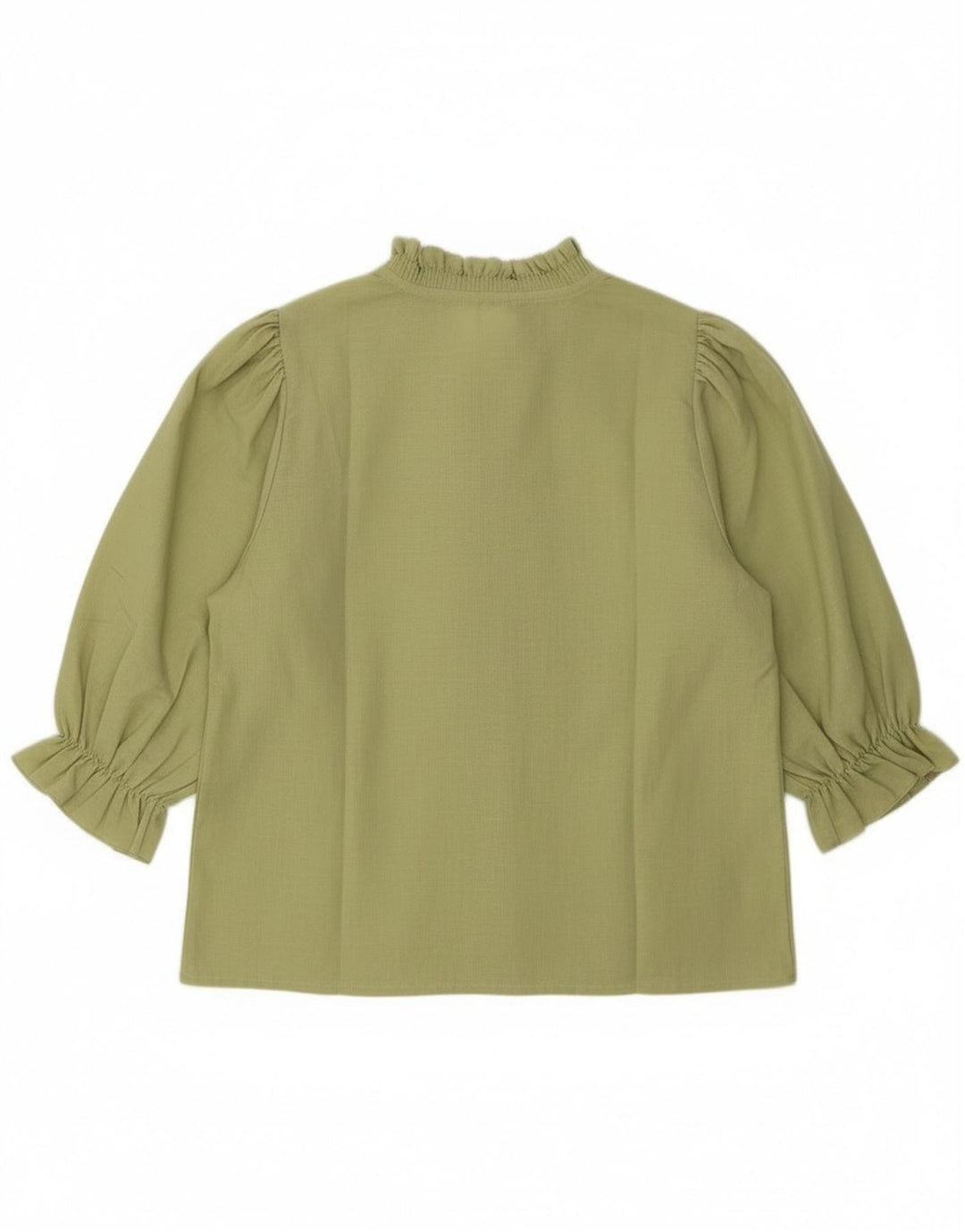 Vintage Damen Bluse mit 3/4-Ärmeln und Rüschen vorne, EU 40, mittleres Khaki-Herz