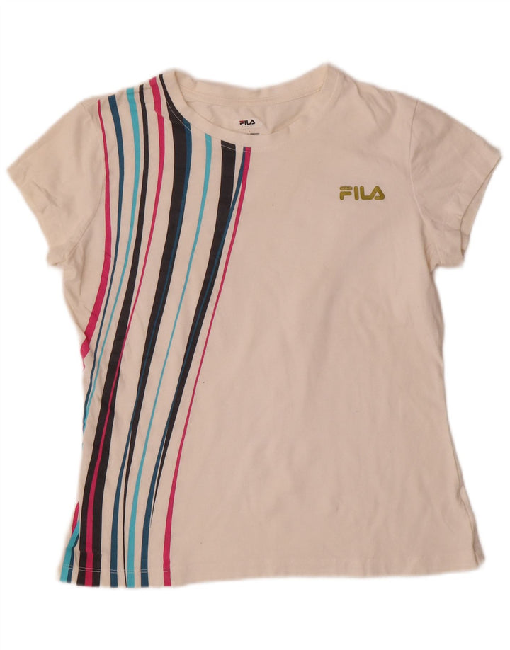 Fila Damen T-Shirt Top UK 14 Large Off White Gestreifte Baumwolle