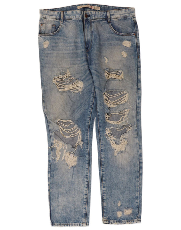 Zara Damen Trafaluc Distressed Straight Jeans EU 36 XS W26 L26 Blaue Baumwolle