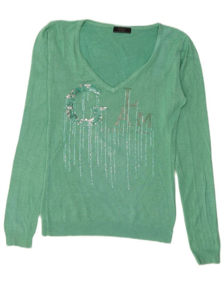 Guess Damen-Pullover mit grafischem V-Ausschnitt, Gr. 12, Mittelgrün