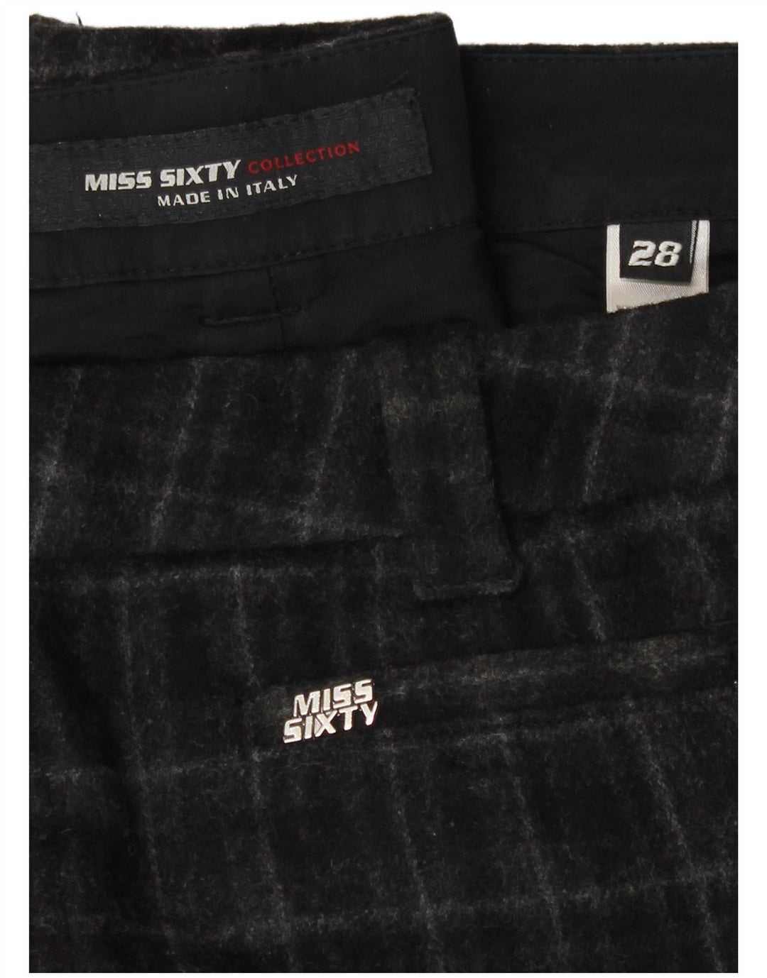 Miss Sixty Damen-Freizeithose mit weitem Bein, W28, L32, schwarz karierte Wolle