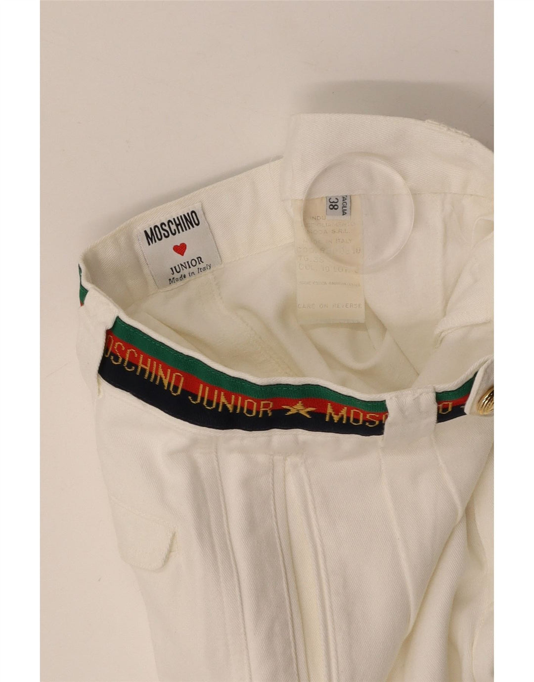 MOSCHINO Jungen-Anzughose mit grafischen Klammern, 9–10 Jahre, W24 L25, weiße Baumwolle