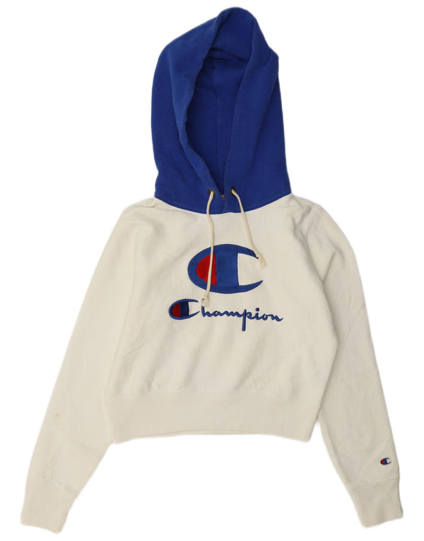 Champion Damen Crop Graphic Hoodie Pullover UK 14 Mittelweiß Farbblock