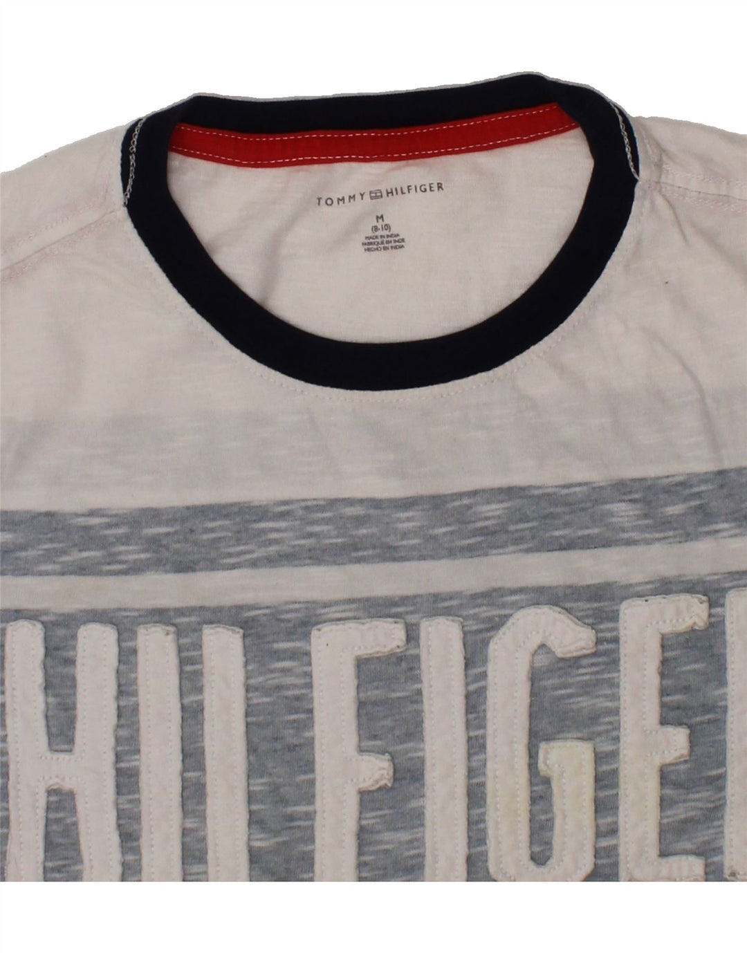 TOMMY HILFIGER Boys Graphic T-Shirt Top 8-9 Years Medium White Striped Vintage Tommy Hilfiger and Second-Hand Tommy Hilfiger from Messina Hembry 