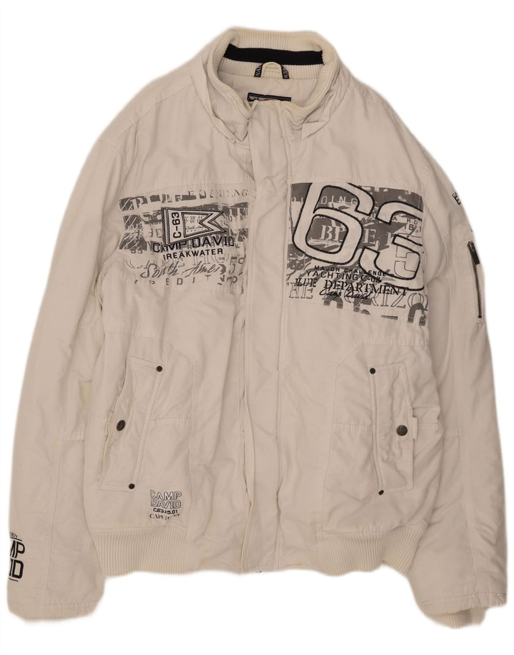 Camp David Herren Bomberjacke mit Grafik, UK 46 3XL, weiße Baumwolle