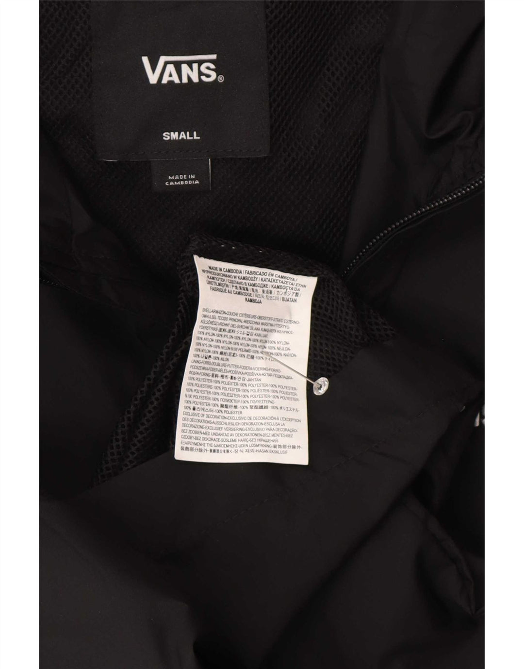 Vans Herren-Regenjacke mit grafischer Kapuze, UK 36, Small, schwarzes, geometrisches Nylon
