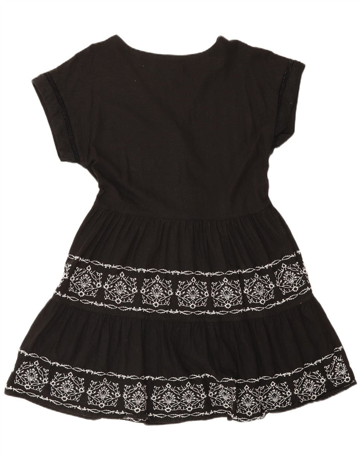 Next Gestuftes Damenkleid UK 12 Mittelschwarzes, geblümtes Leinen