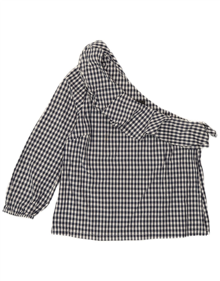 J. CREW One-Shoulder-Oberteil für Damen, US 8, mittlere marineblaue Gingham-Baumwolle