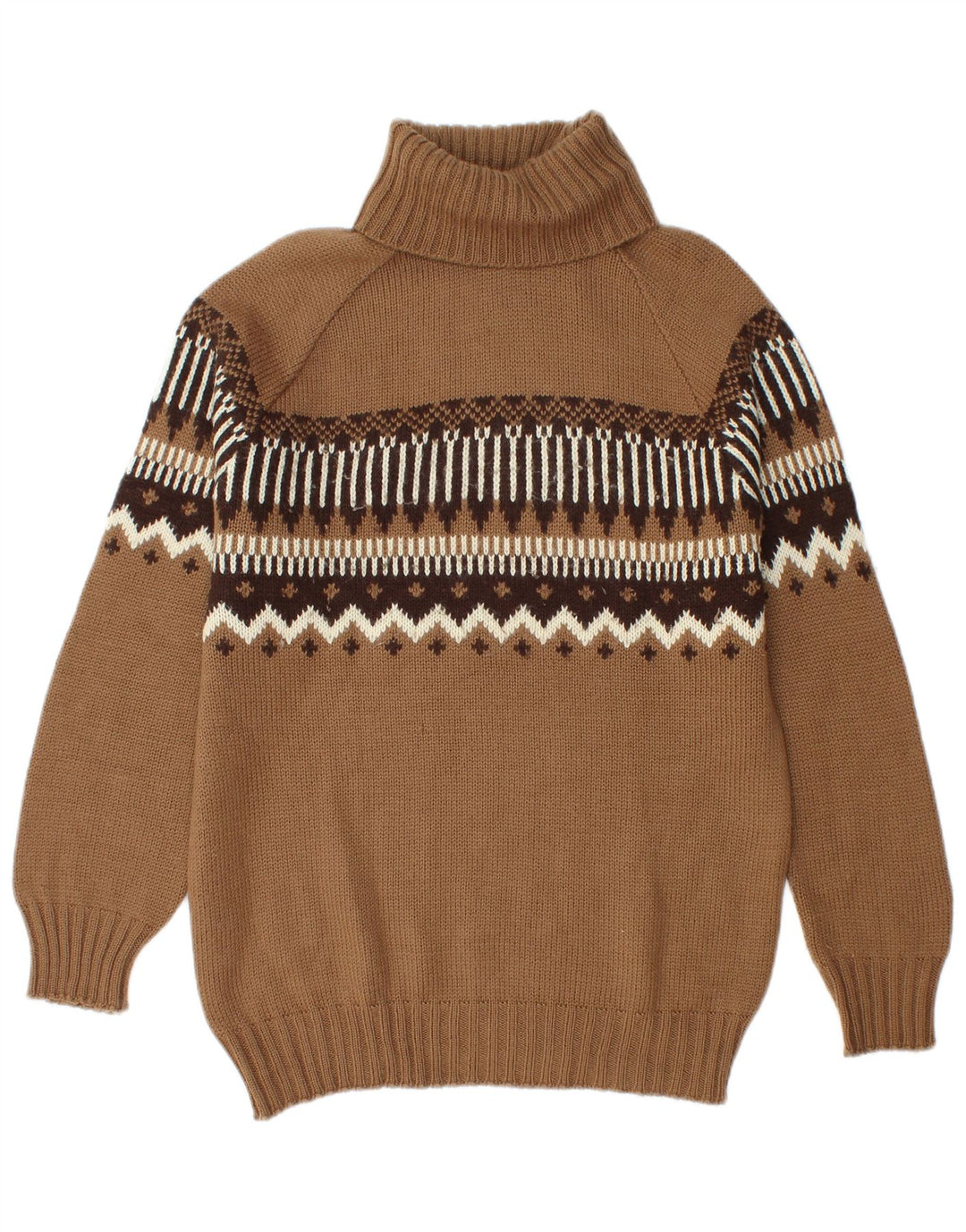Vintage Herren-Pullover mit Rollkragen, mittelbraun, Fair-Isle-Wolle