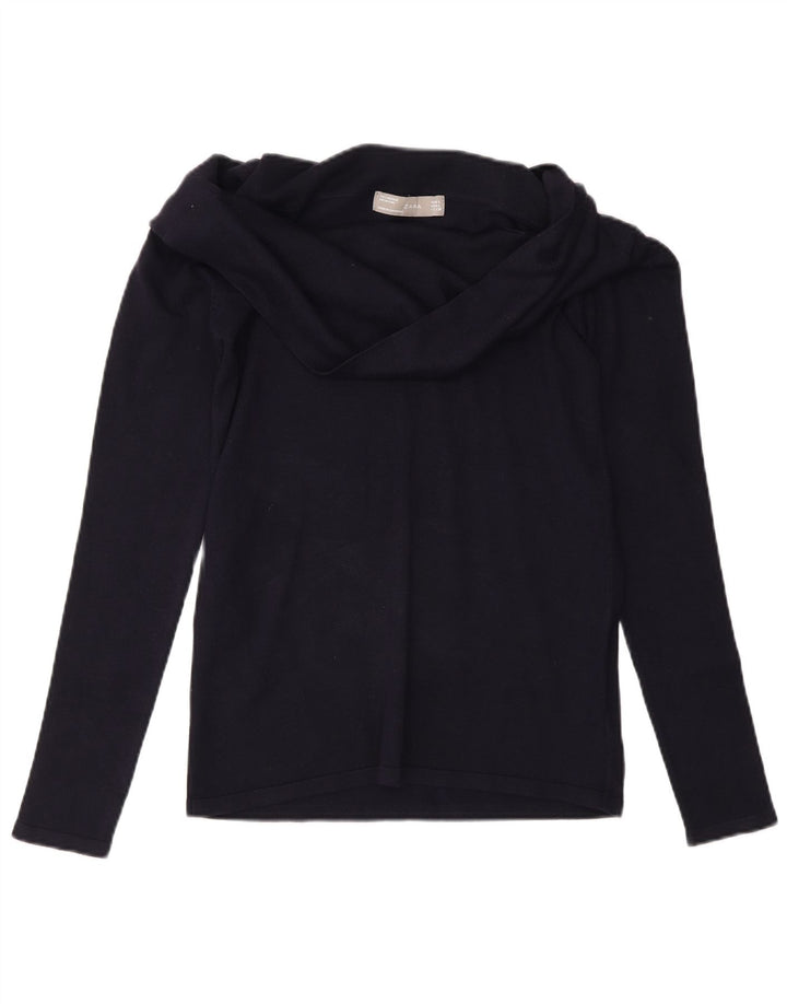 Zara Damen Top Langarm UK 14 Large Marineblau Viskose