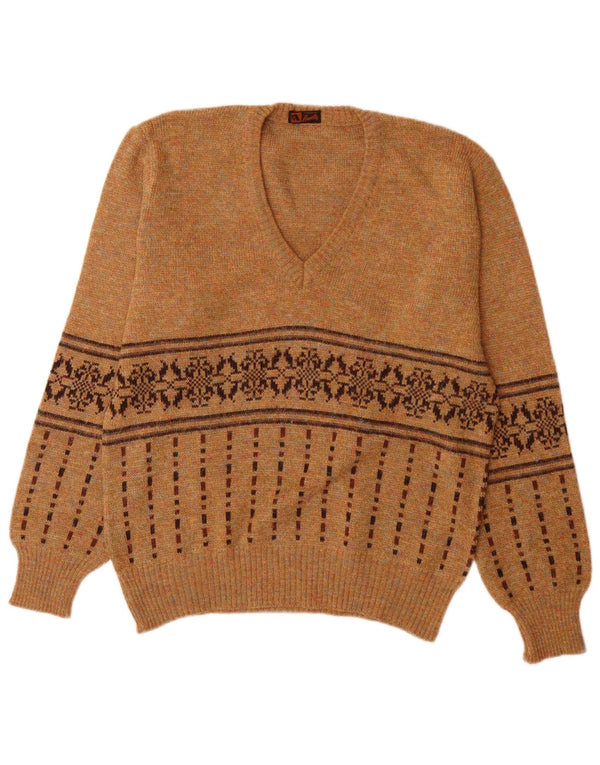 Vintage Mens V-Neck Jumper Sweater Medium Brown Fair Isle Acrylic