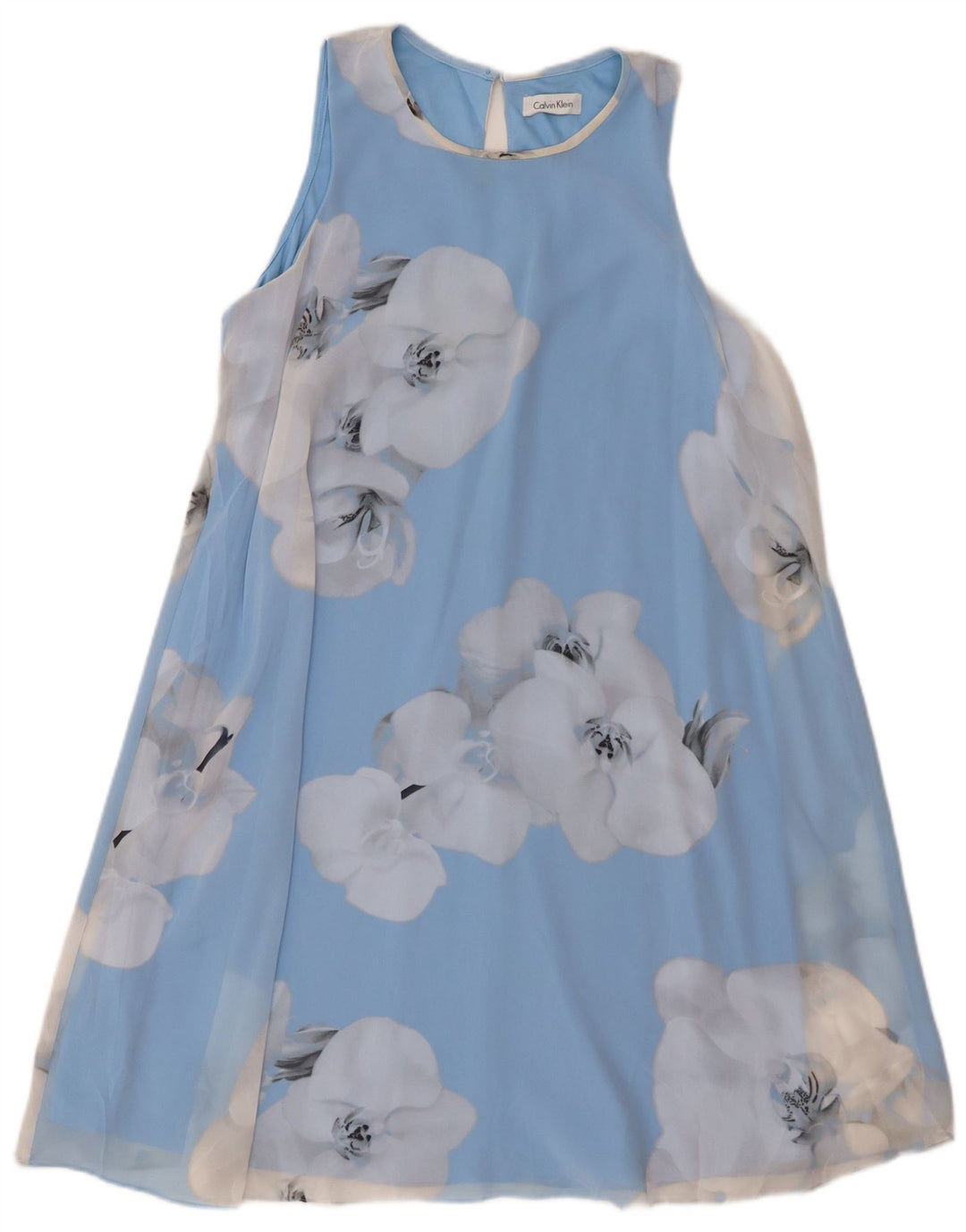 Ärmelloses Zeltkleid für Damen von Calvin Klein, US 12, großes blaues Blumenmuster aus Polyester