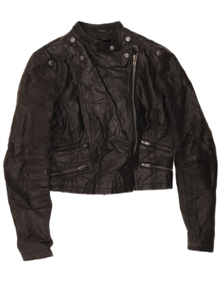 LAURA SCOTT Womens Oversized Crop Biker Jacket EU 34 XS Black Leather